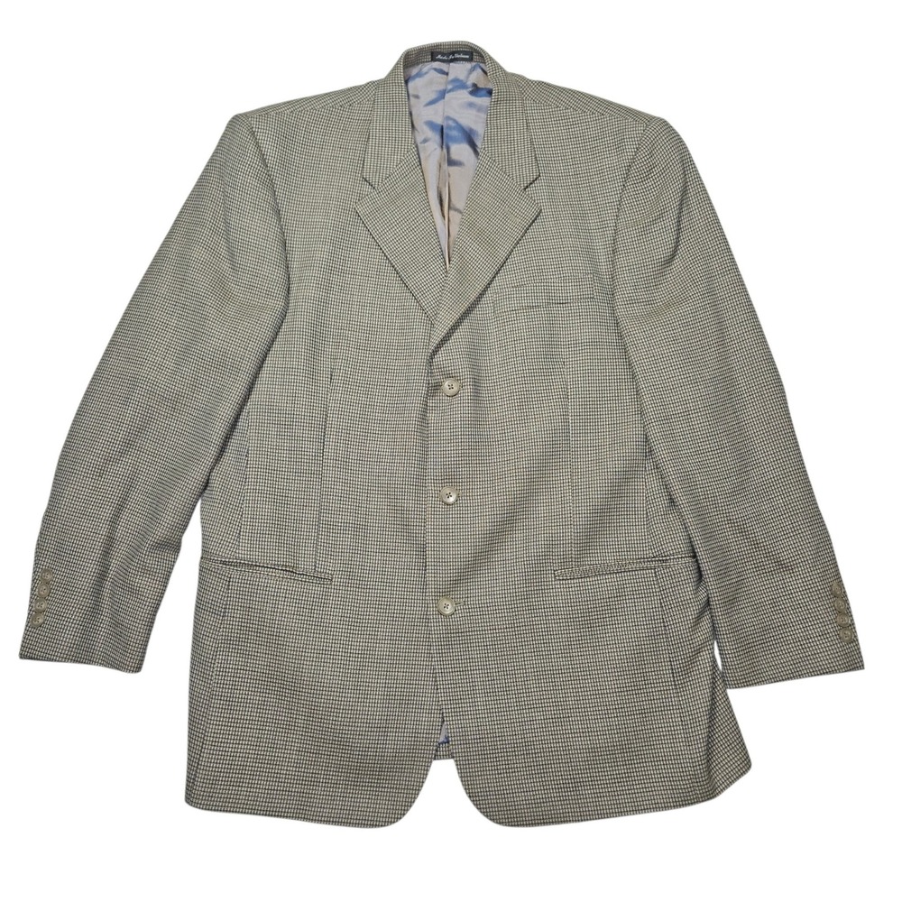 Perry Ellis Portfolio VTG 3-Button Wool Blazer Jacket Micro Check Tan Sz 43R‎